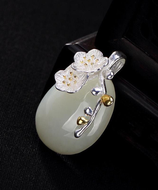 Cyan Sterling Silver Jade Water Drop Cherry Blossoms Pendant Necklace