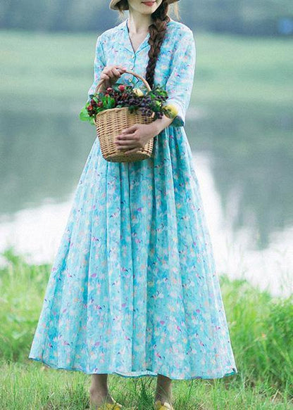 Italian Blue Print Clothes Notched Cinched Maxi Summer Dresses