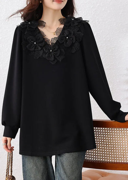 Loose Black V Neck Nail Bead Cotton Sweatshirts Fall