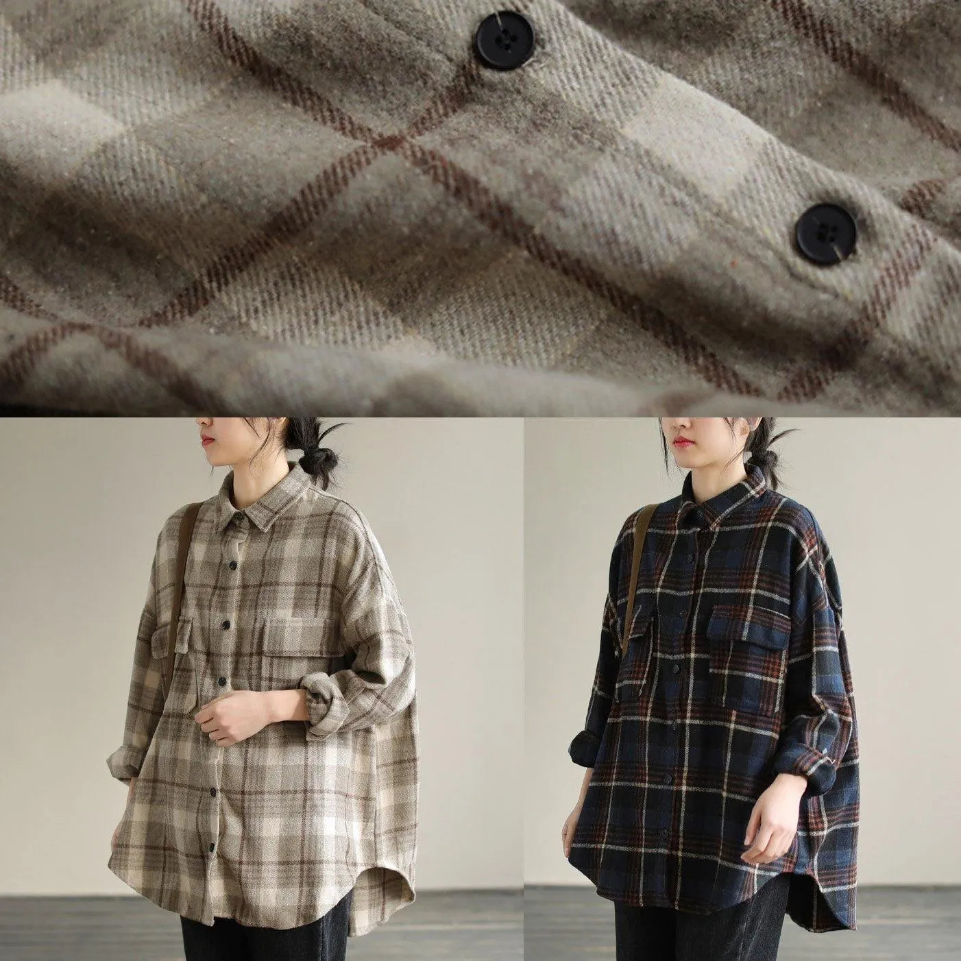 Lapel Patchwork Spring Tunic Pattern Design Khaik Plaid Shirt