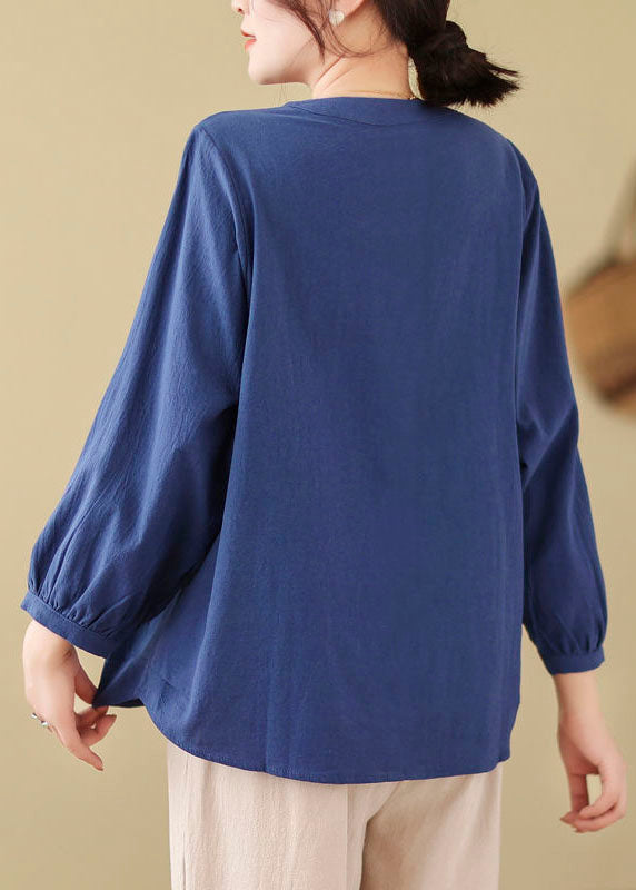 Loose Blue Embroidered Linen Blouses Long Sleeve