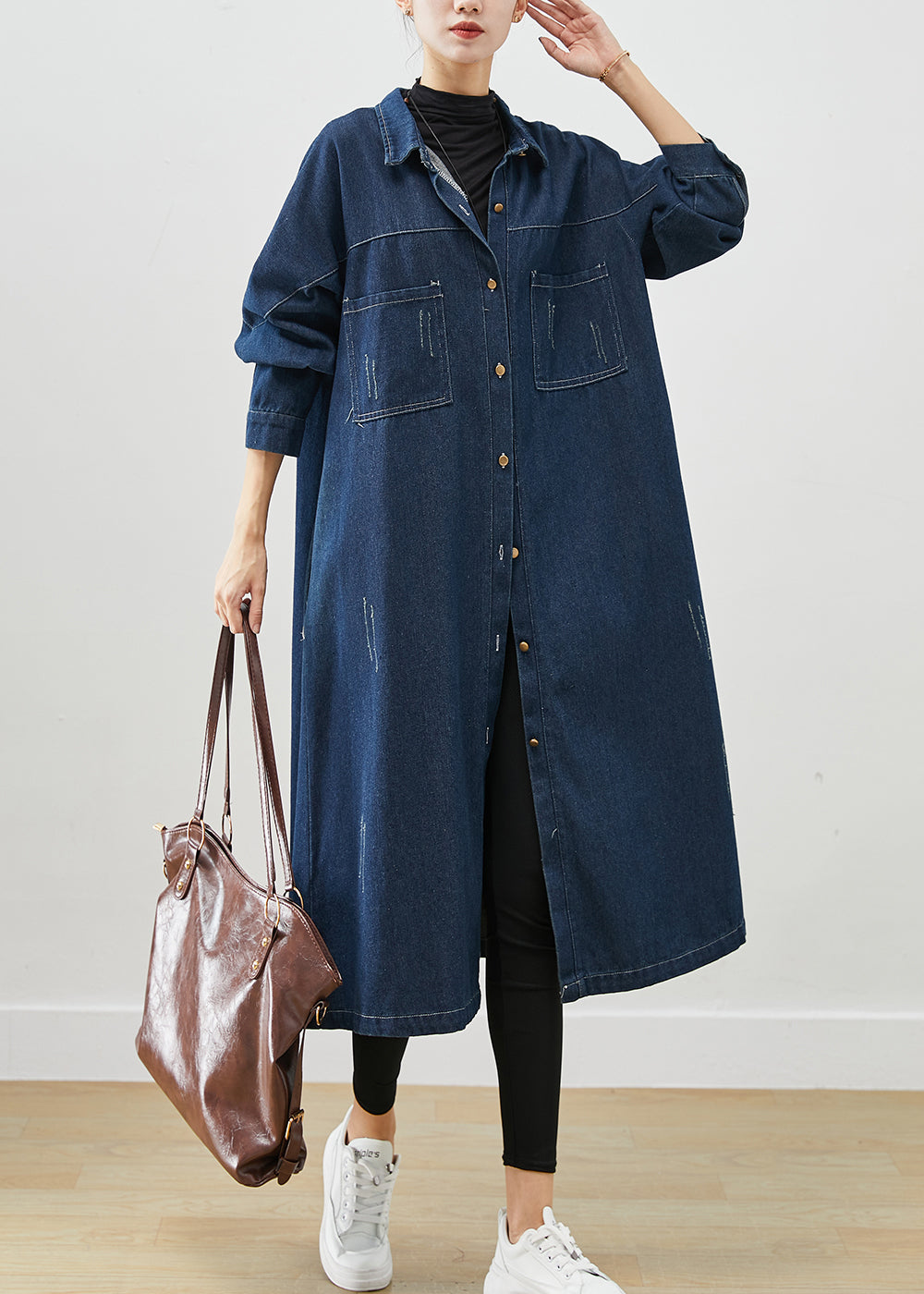 Navy Denim Trench Coats Oversized Pockets Spring