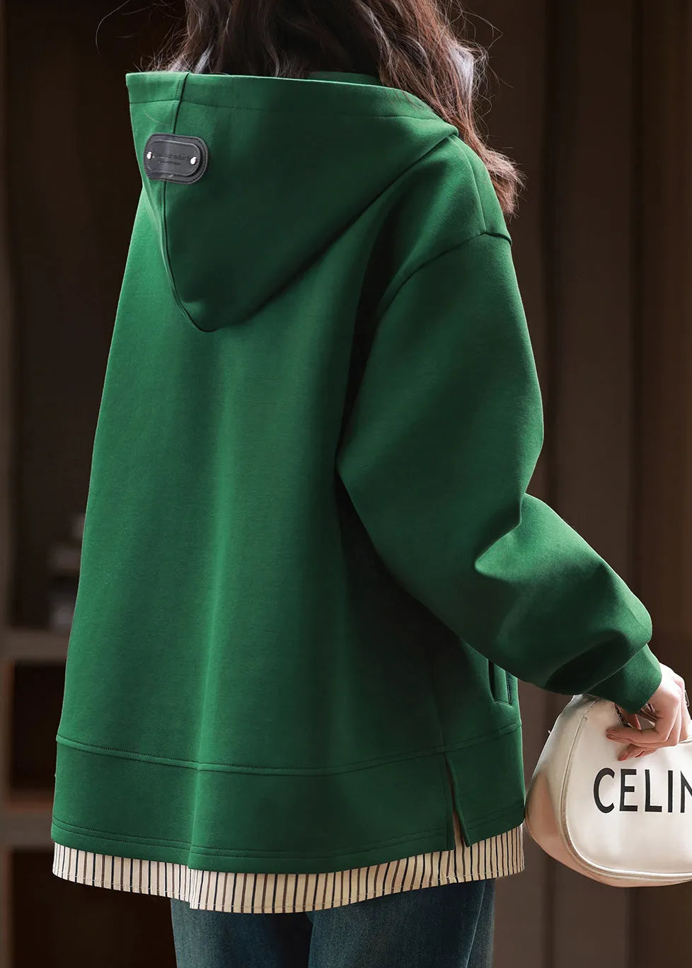Green Zip Up Patchwork Hooded Cotton Pullover Fall