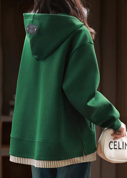 Green Zip Up Patchwork Hooded Cotton Pullover Fall