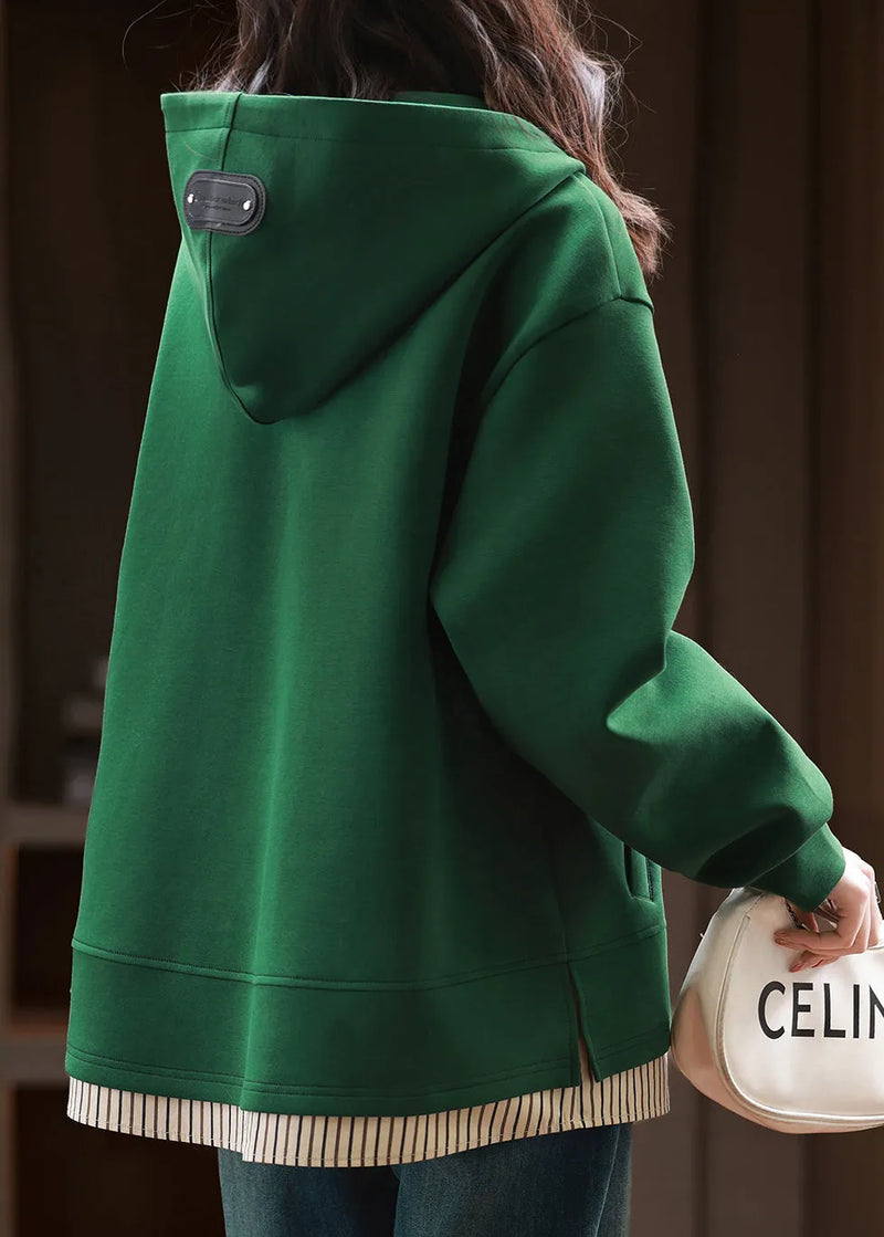 Green Zip Up Patchwork Hooded Cotton Pullover Fall