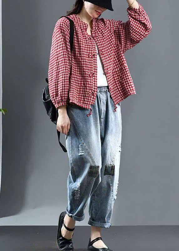 Red Plaid Tie Waist Patchwork Fall Trench Long Sleeve