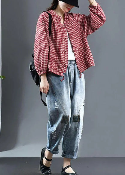 Red Plaid Tie Waist Patchwork Fall Trench Long Sleeve