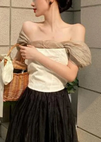 White Square Collar Tulle Patchwork Top Summer