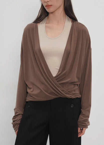 New Grey Fake Two-piece Spliced Neck Hanging Long Sleeved T-shirt Top