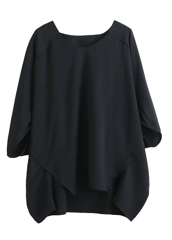 Black Oversized Asymmetrical Side Open Cotton Tops Batwing Sleeve