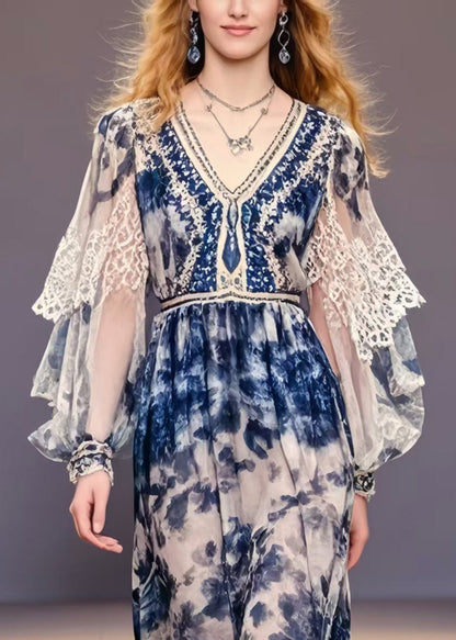Navy Print Chiffon Party Dress Lantern Sleeve Spring