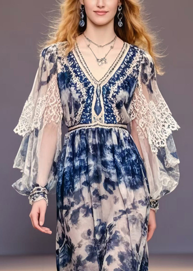 Navy Print Chiffon Party Dress Lantern Sleeve Spring