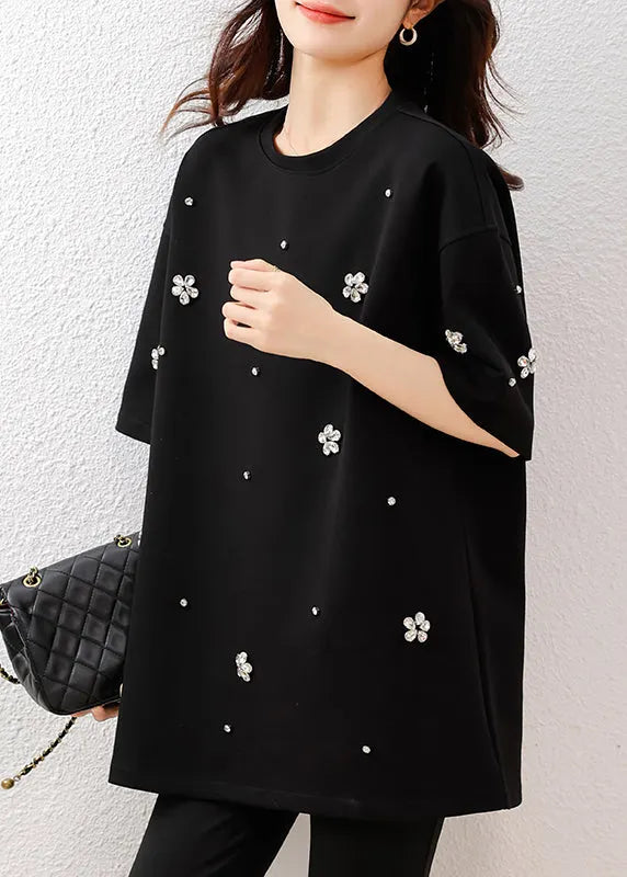 Fine Black Oversized Rhinestone Cotton Tops Summer
