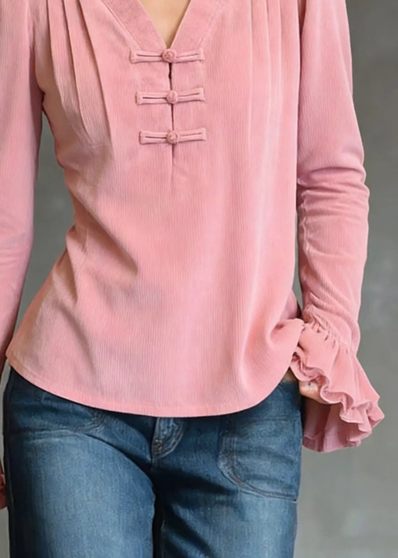Loose Pink V Neck Ruffled Corduroy Shirts Flare Sleeve Spring