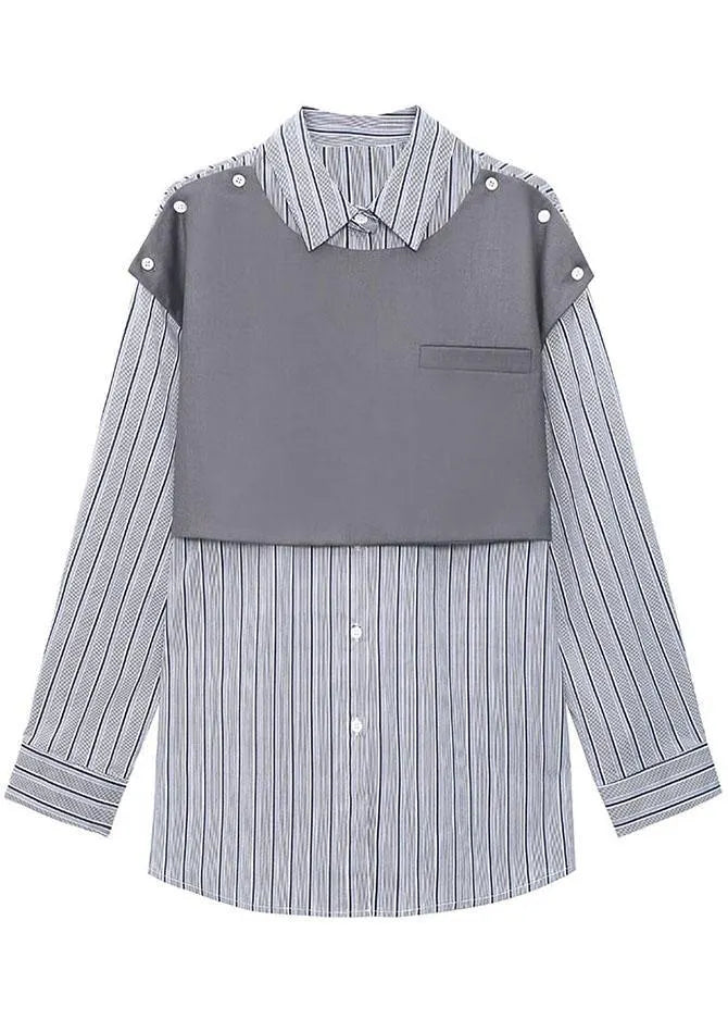 Grey Peter Pan Collar Button Fall Striped Shirt Long Sleeve