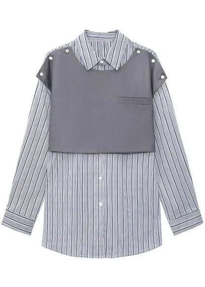 Grey Peter Pan Collar Button Fall Striped Shirt Long Sleeve