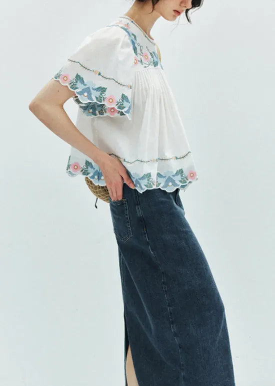 Yellow Embroidered Puff Sleeve Cotton Shirt