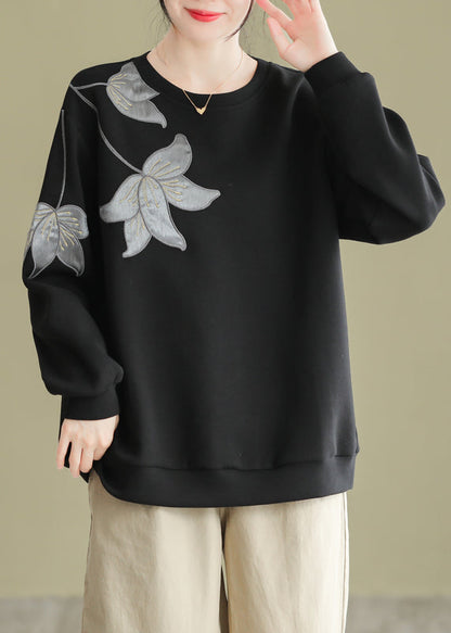 Black O Neck Embroideried Cotton Pullover Sweatshirt Fall