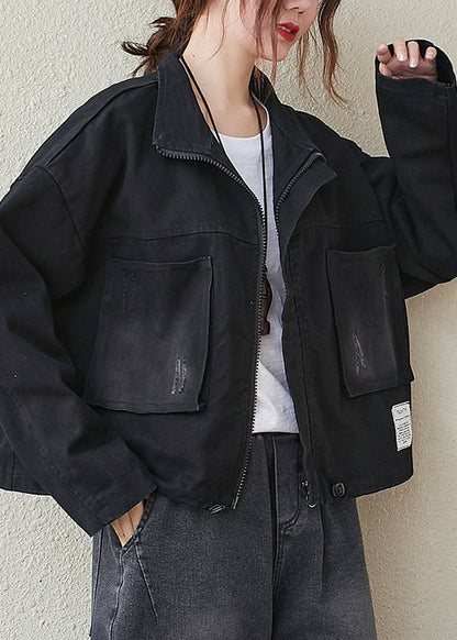 Black Pockets Zippered Drawstring Fall Denim Long Sleeve Coat