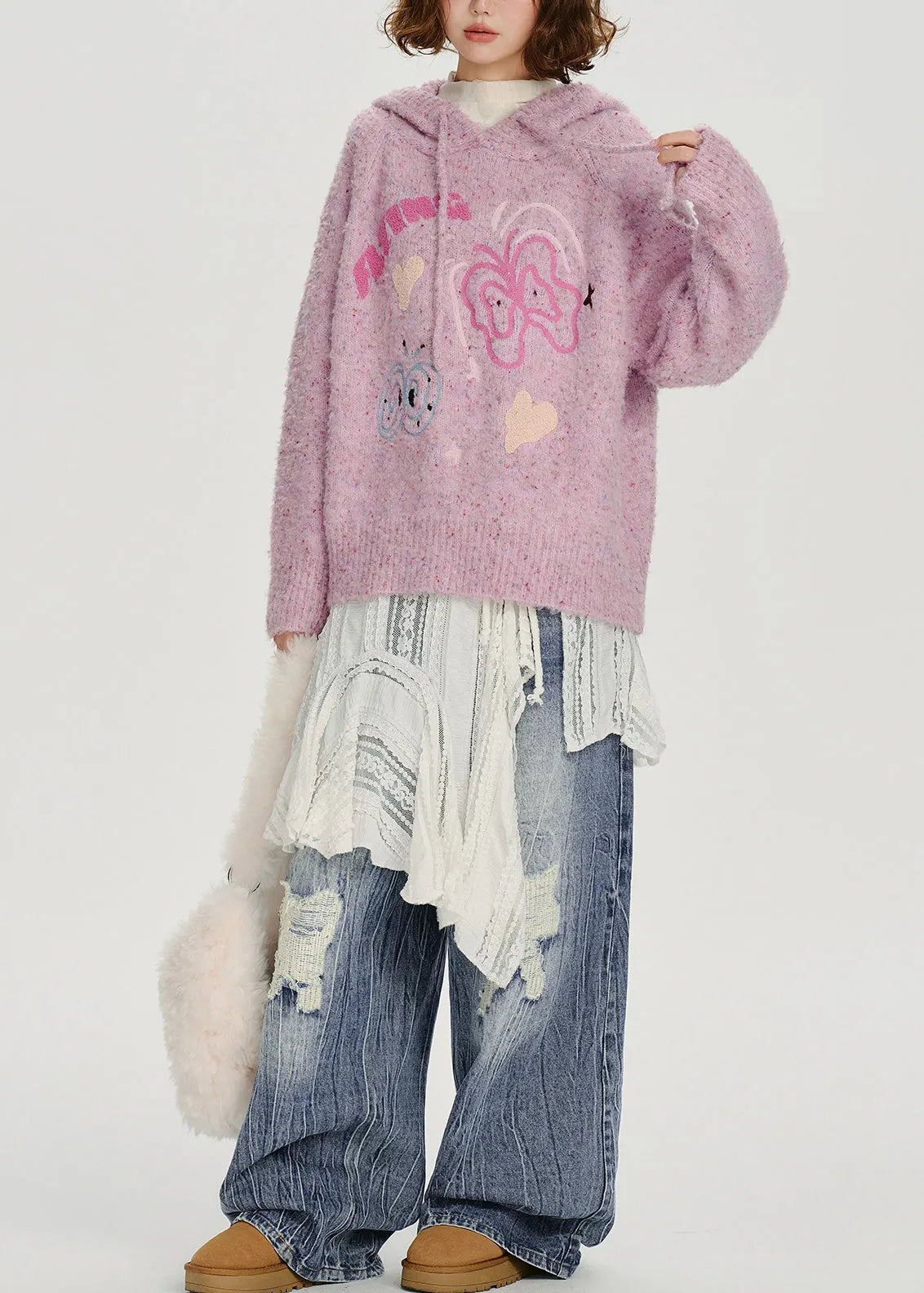 Light Purple Hooded Jacquard Knit Loose Sweatshirt Winter