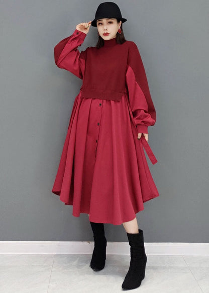 Red Patchwork Knit Cotton Long Dresses Color Button Long Sleeve