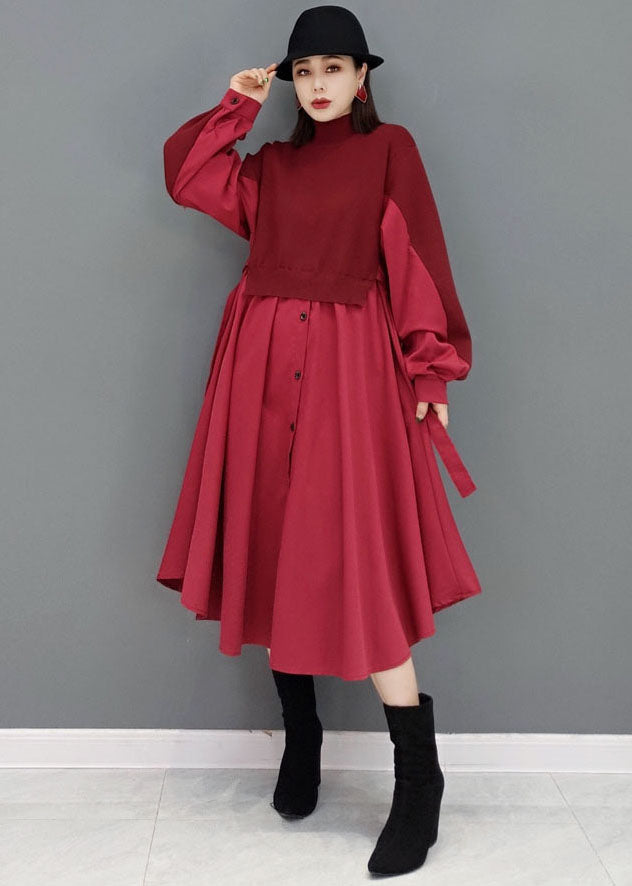 Red Patchwork Knit Cotton Long Dresses Color Button Long Sleeve
