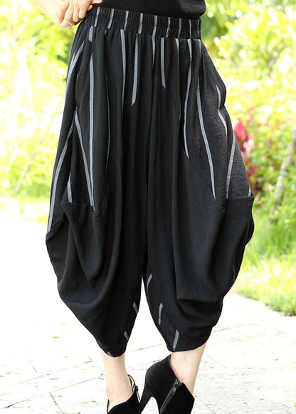 Comfy Black Striped Patchwork Asymmetrical Design Crop Spring Pants