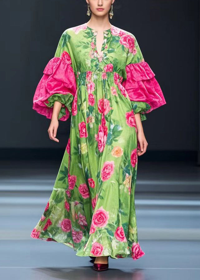 Fine Green Puff Sleeve Silk Velour Maxi Dresses Fall