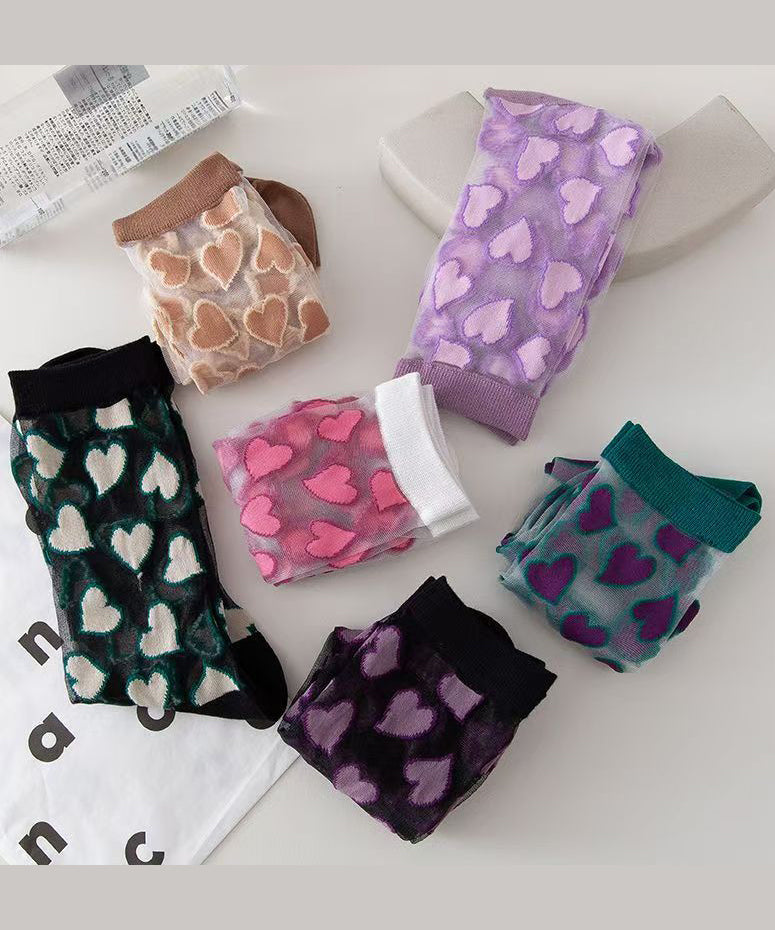 Heart Jacquard Transparent Thin Mid Length Socks