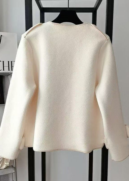 Beige O Neck Pockets Woolen Short Coat Fall