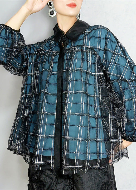 Blue Peter Pan Collar Plaid Button Tulle Shirts Spring