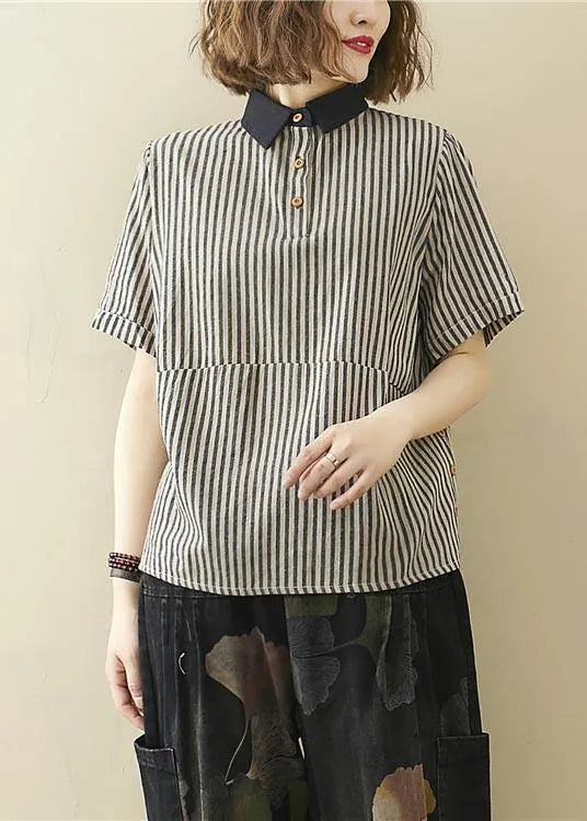 French Black Striped Turn-down Collar Linen Summer Top