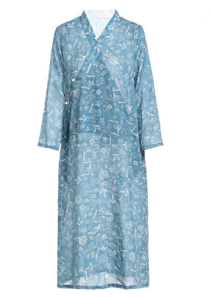 French Blue Print Patchwork Button Summer Ramie Sundress