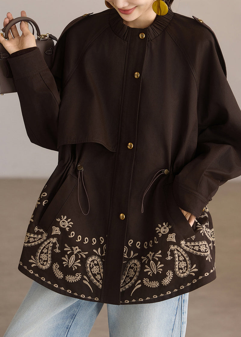 Coffee Print Drawstring Pockets Coat Spring