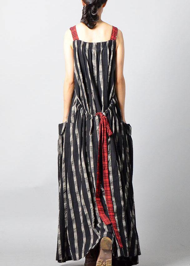 Art Black Plaid Patchwork Pockets Cotton Linen Summer Maxi Dresses