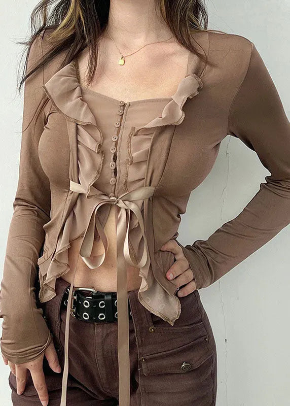 Slim Fit Khaki Tie Waist Ruffled Patchwork Top Long Sleeve