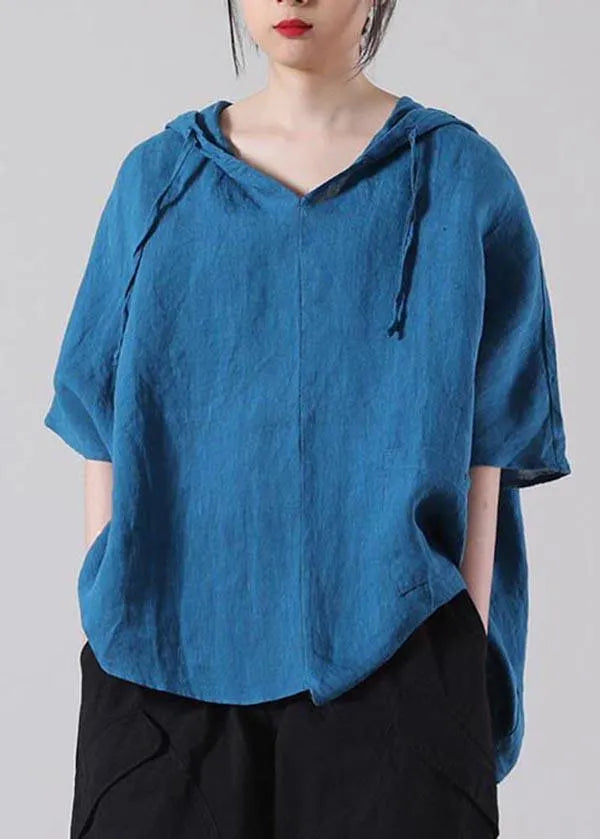 Stylish Blue Asymmetrical Design Cotton Linen Shirt Summer