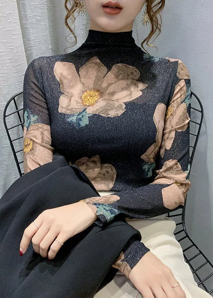 Green Turtleneck Print Lace Tulle Warm Fleece Thick Tops Bottoming Shirt