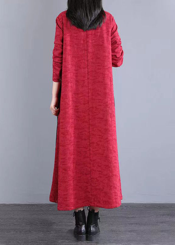 Red Print Pockets Patchwork Cotton Long Dress Button Fall