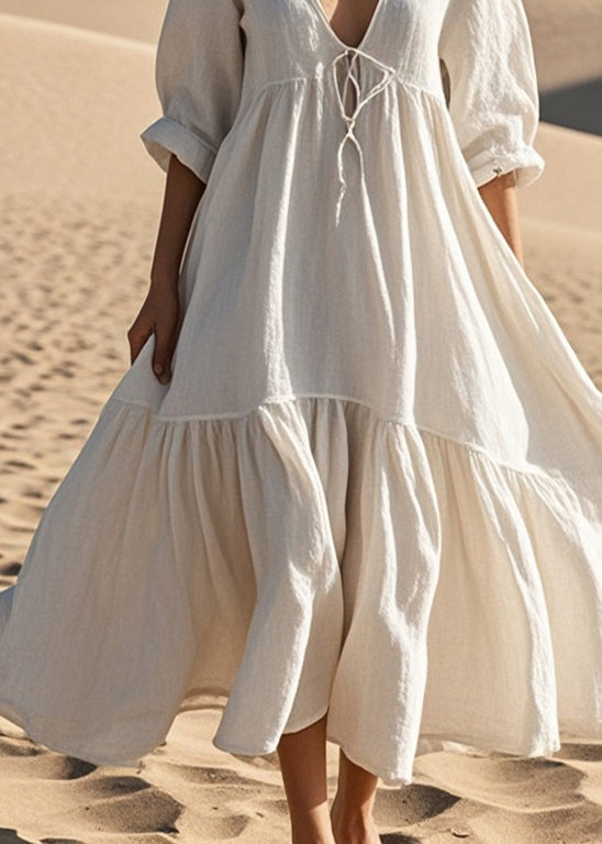 White Oversized Lace Up Cotton Robe Dresses Fall