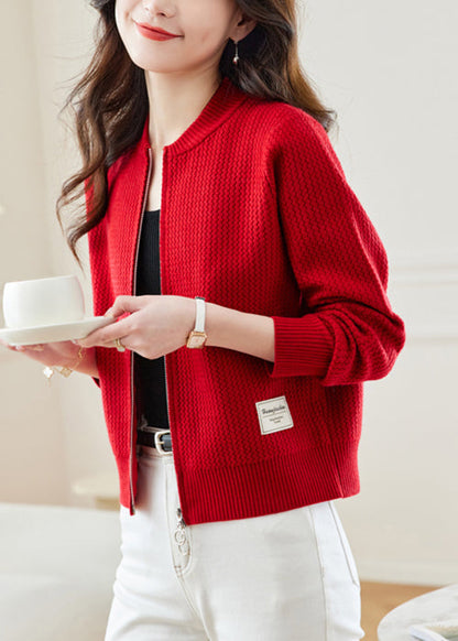 New Red Stand Collar Zip Up Knit Coat Fall