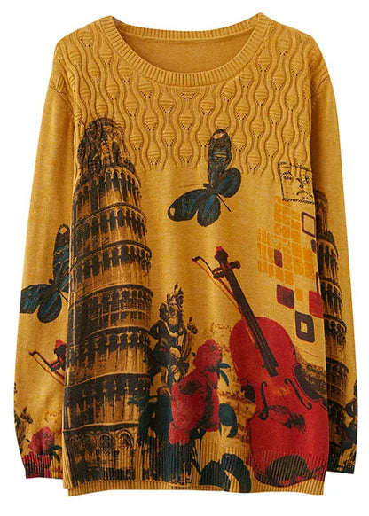 Fitted Yellow O-neck Loose Print Fall Knit Sweaters