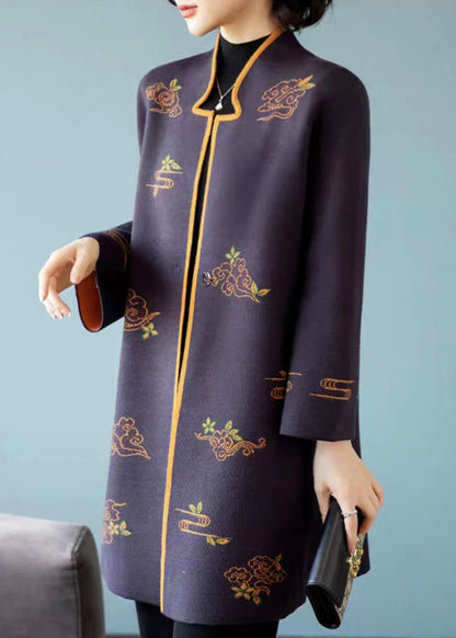 Dark Purple Stand Collar Embroideried Patchwork Wool Coats Fall
