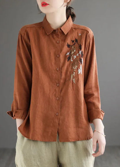 Caramel Peter Pan Collar Button Linen Shirt Long Sleeve