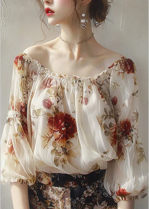 Apricot Slash Neck Print Chiffon Top Half Sleeve