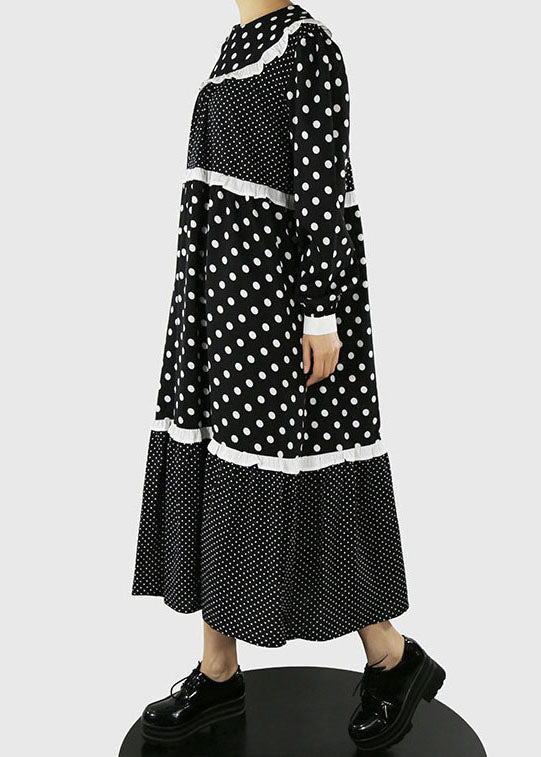 Black Ruffles Zip Up Dot Patchwork Maxi Dresses Spring