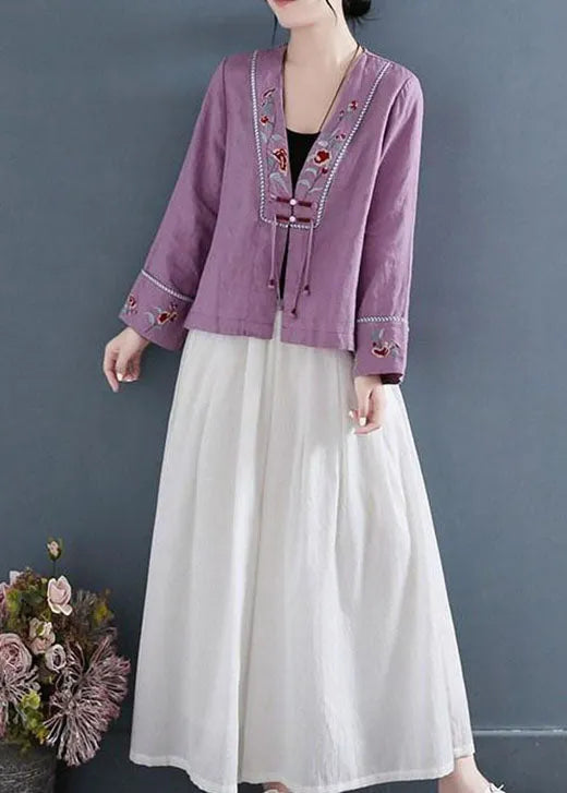 Diy Purple V Neck Embroideried Patchwork Shirts Long Sleeve