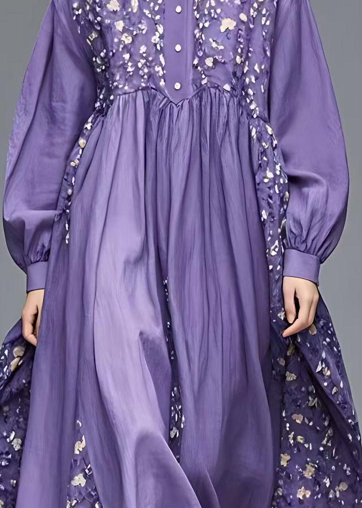 French Purple Peter Pan Collar Patchwork Long Dresses Long Sleeve Spring