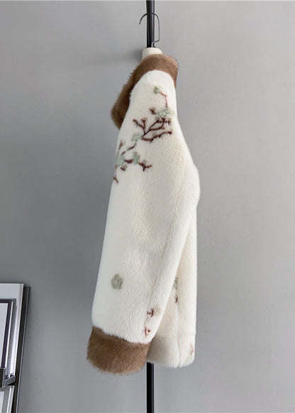 Beige Stand Collar Tasseled Embroideried Mink Cashmere Jackets Winter