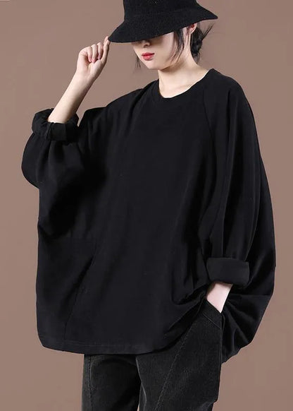 Loose Black O-neck Stand Spring Tops